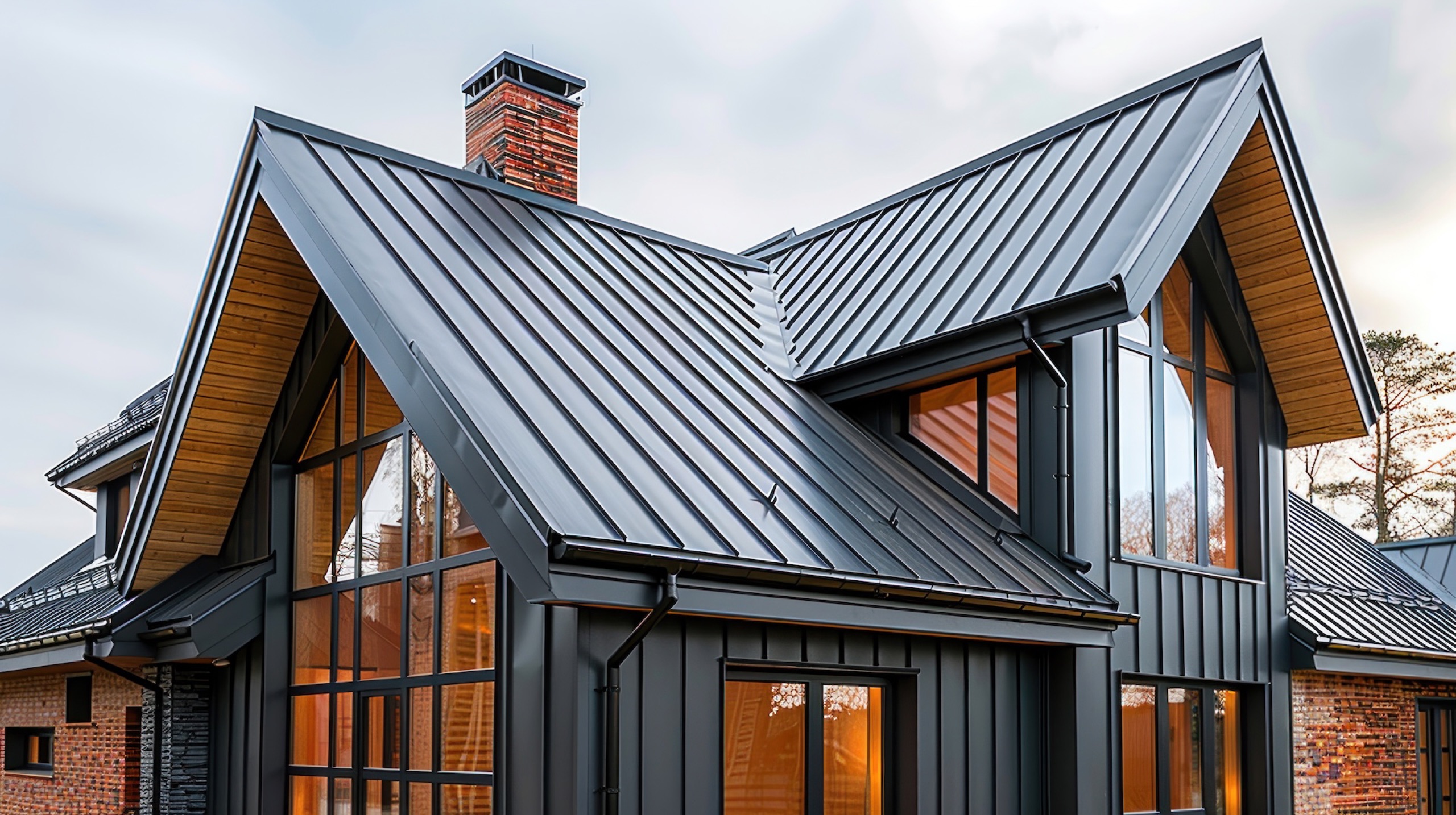 Modern home exterior with a standing-seam metal roof and large windows