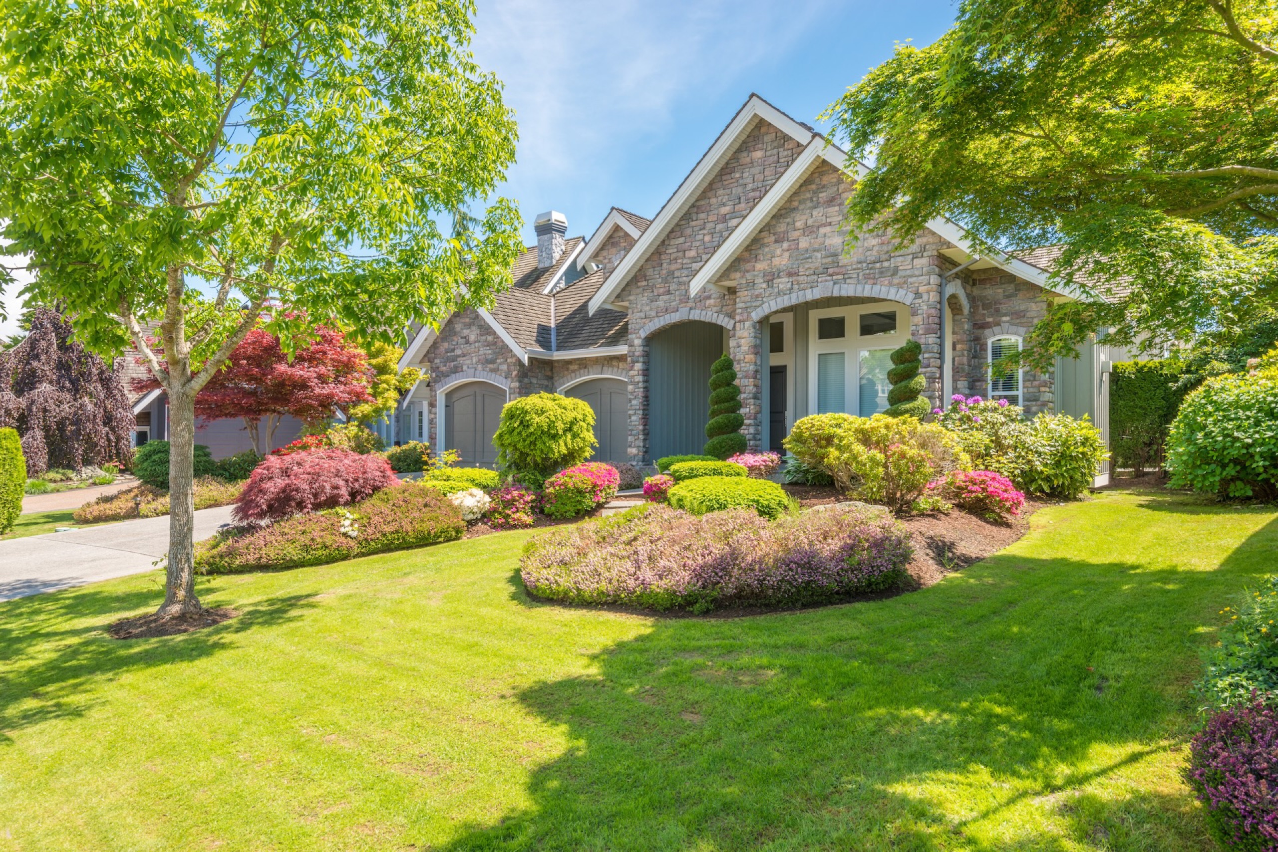 Landscaped home with stone details, trees, shrubs, lawn, and walkways